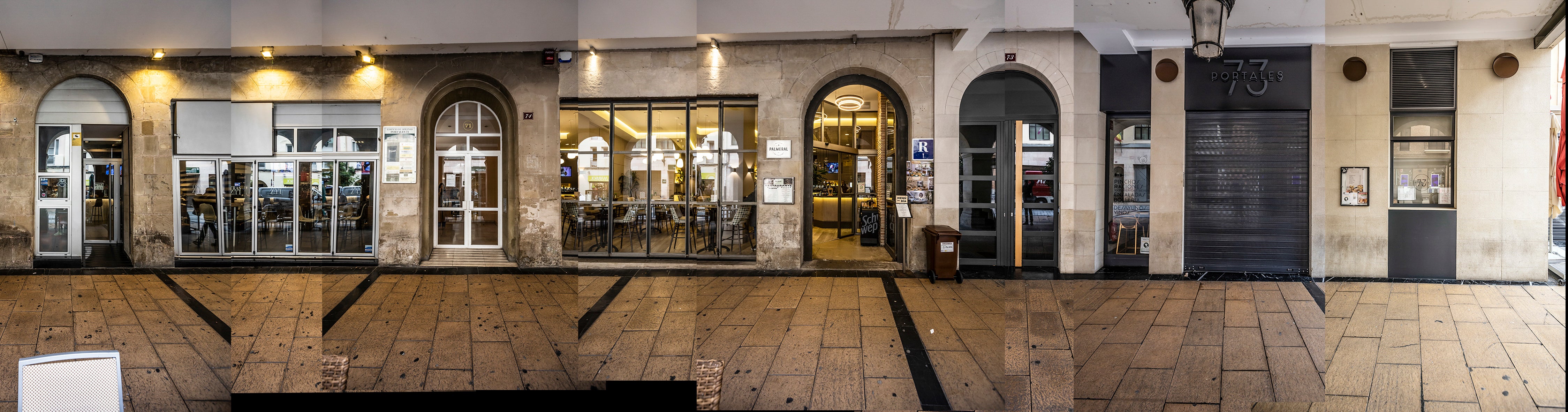 Justo donde los soportales acaban, aparece uno de los tramos que mayor metamorfosis ha sufrido: la hostelería ha echado el resto y, al menos, ha recuperado la piedra original de la fachada (con Portales 73 poniendo el punto y final al recorrido).