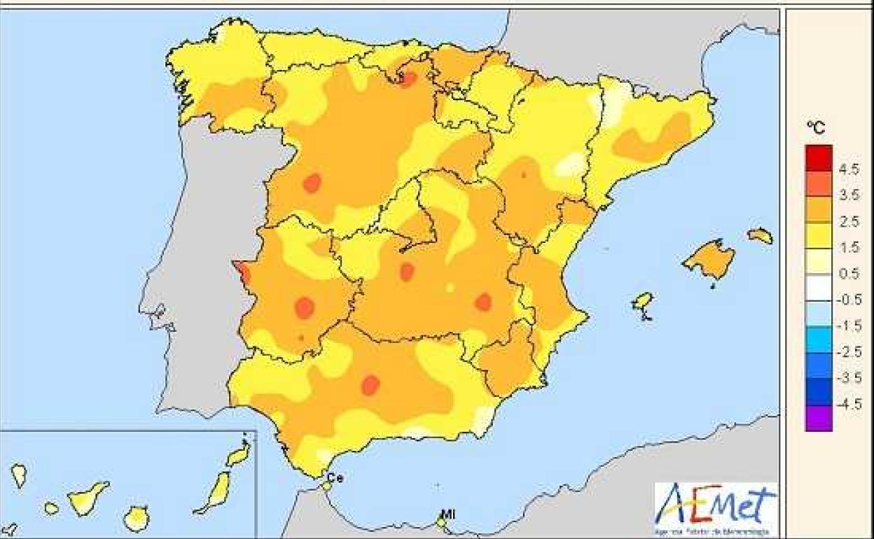 Mapa de España con las anomalías térmicas en diciembre. 