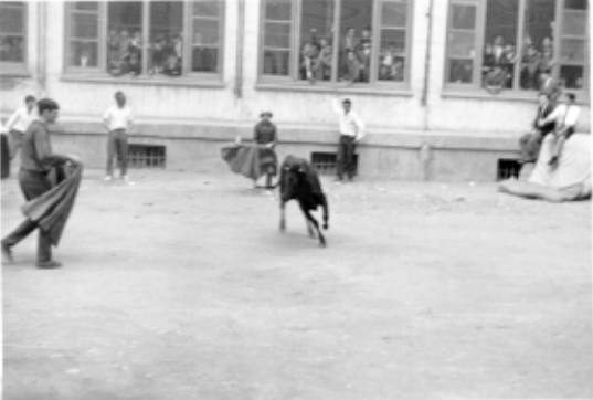 Toreros, vaquilla y público en las ventanas en 1965. 