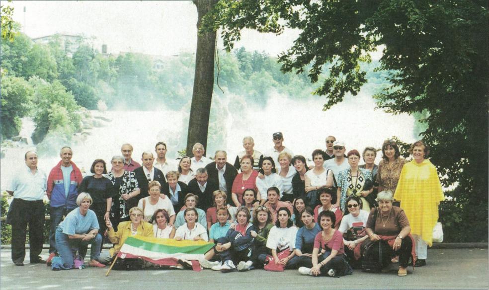 Grupo de calceatenses que viajó a Winnenden en julio de 1998, ante las cataratas del Rhin. 