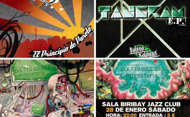 Portadas de sus tres discos y cartel del concierto de presentación de 'Antimateria' en Logroño. 