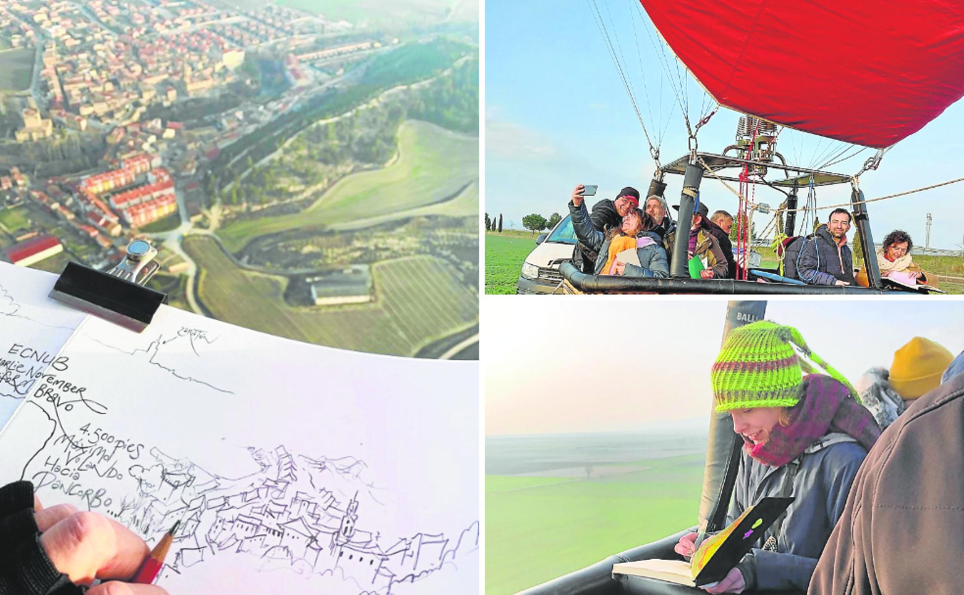 Uno de los artistas dibujando los tejados de Cuzcurrita, en el aire; los pintores, a punto de levantar el vuelo con los primeros rayos y Blanca A. Izuzquiza, cuaderno en mano, durante el vuelo. 