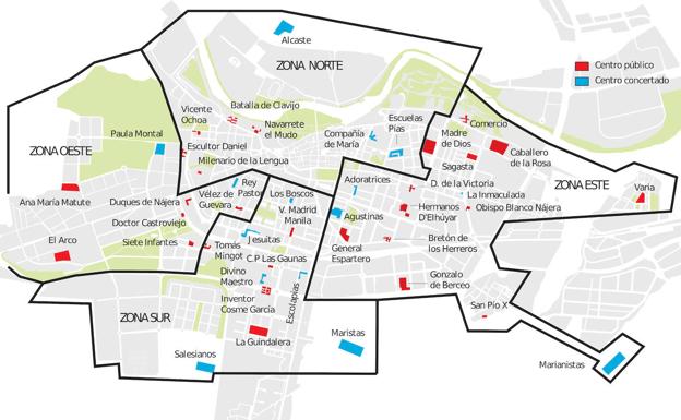 Mapa de las zonas de influencia de escolarización en Logroño. 