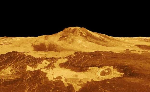 Imagen tridimensional generada por ordenador del volcán Maat Mons.