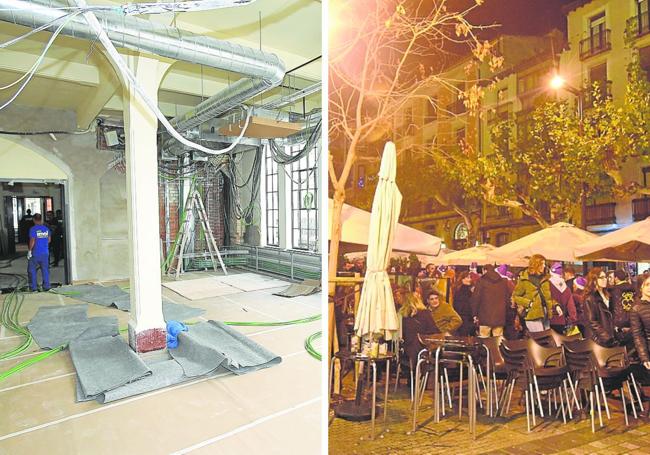 A la izquierda, obras de rehabilitación en la plaza de abastos. A la derecha, zona de ocio nocturno en el casco antiguo.