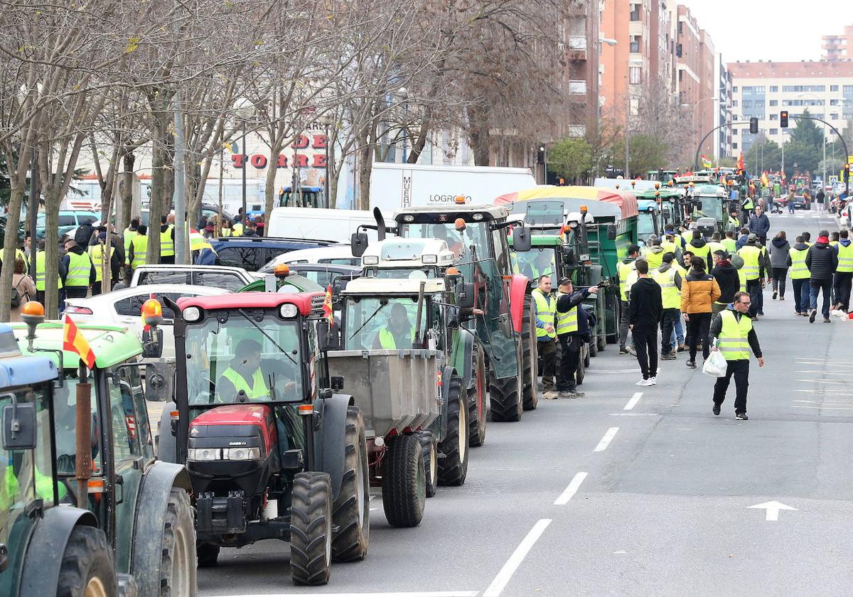 Tractores en fila durante una reciente movilización por las calles de Logroño.