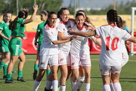 Las jugadoras riojanas celebran uno de sus cinco goles a Cantabria
