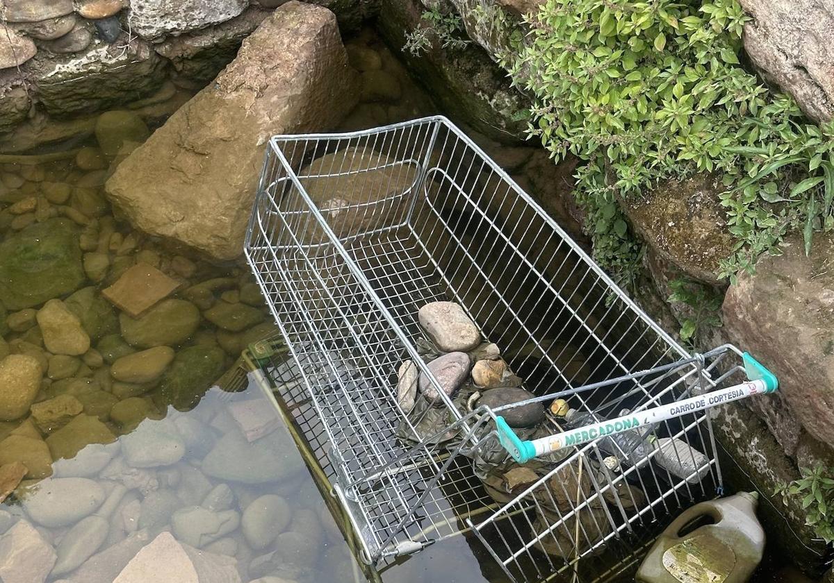 Maleza, basura y un carro de supermercado, en los restos del puente medieval de Calahorra