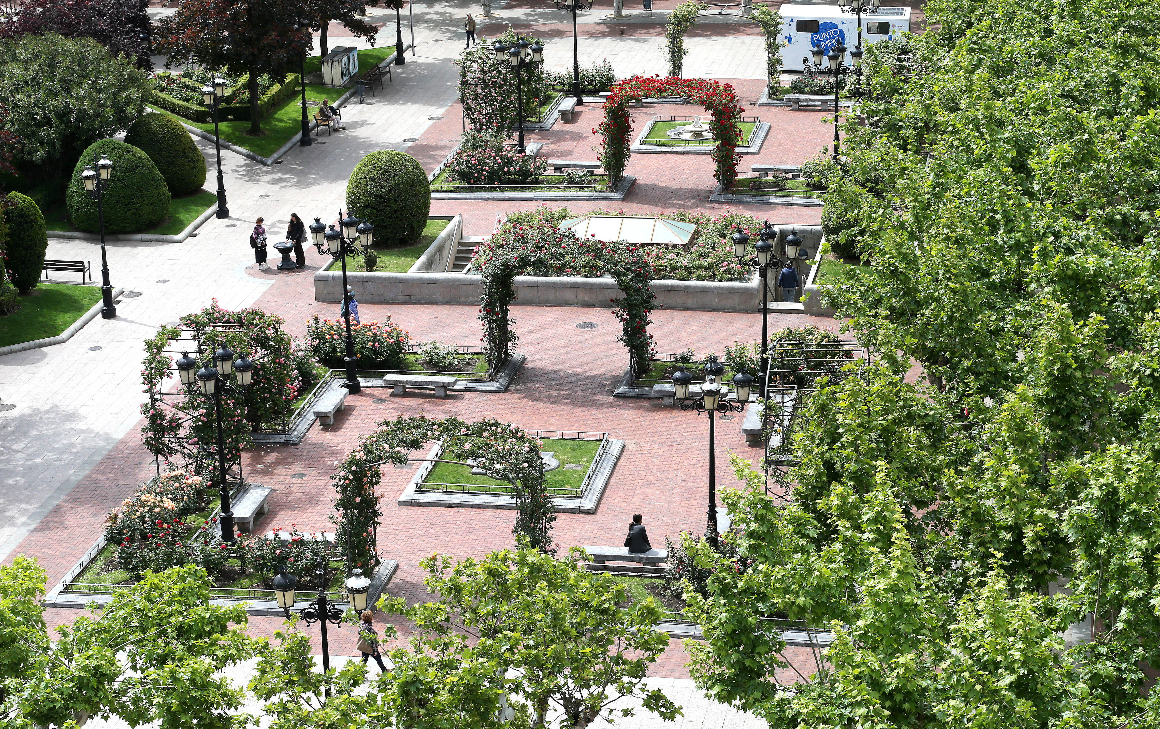 Rosaleda en El Espolón logroñés, con el primer parterre, el dedicado a Michael Adam, en primer término.