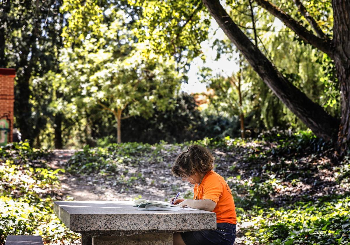 Una mujer lee en una mesa del parque del Iregua.