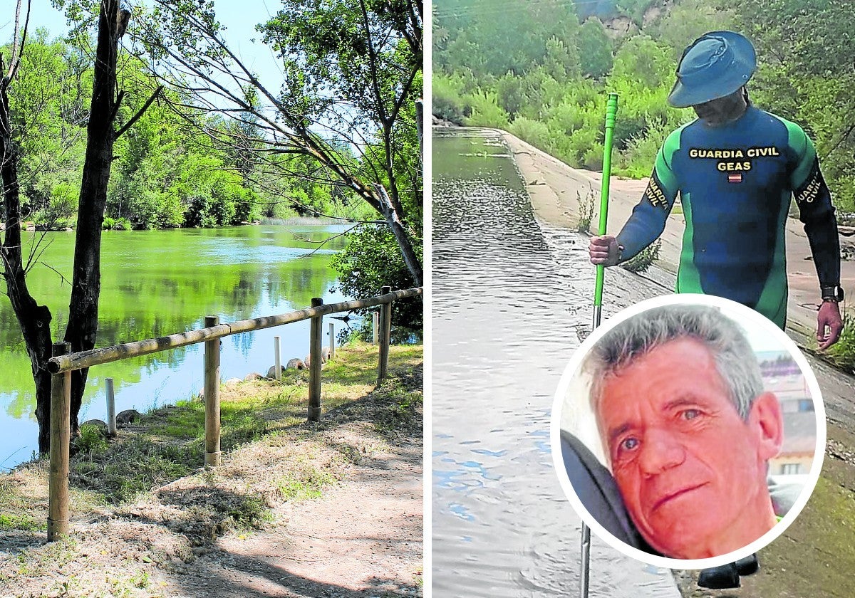 A la izquierda, el embarcadero del río Ebro en Cenicero, lugar de la desaparición de Peñacoba (en el círculo); a la derecha, un GEAS de la Guardia Civil durante la búsqueda.