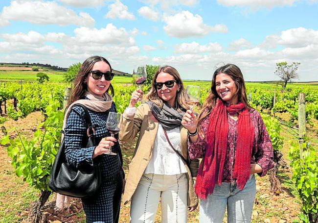 Tres jóvenes madrileñas brindan durante su paseo por los viñedos de Lecea.