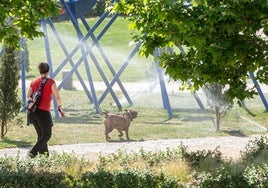 Aspersores en funcionamiento en el parque Felipe VI de Logroño.