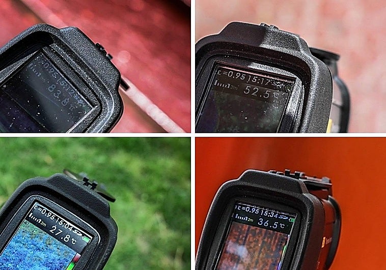 Temperaturas medidas en un banco y una acera al sol y de un jardín y un tobogán a la sombra.