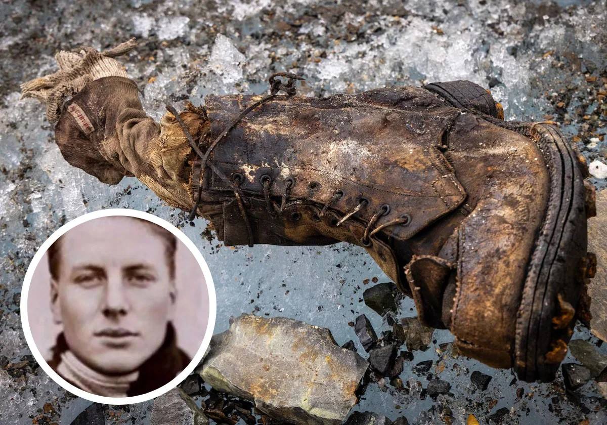 Bota encontrada en el Everest que supuestamente perteneció a Andrew Irvine, que aparece en la foto pequeña. 