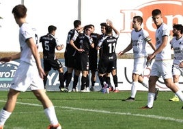 Los jugadores de la SD Logroñés celebran uno de los cuatro goles que marcaron en Alfaro.