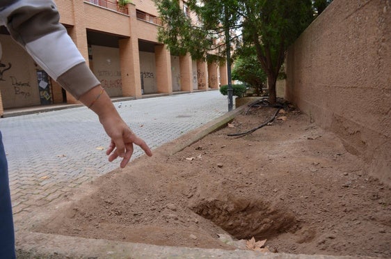 Agujero en uno de los maceteros a los que le faltan plantas.