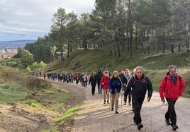 Los participantes enfilando los najerinos montes de La Salera, en dirección a San Millán.