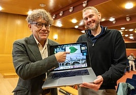 Miodrag Grbic y Sean Whipple, de GreenLight Biosciences Inc., en el congreso en Ibercaja Portales.