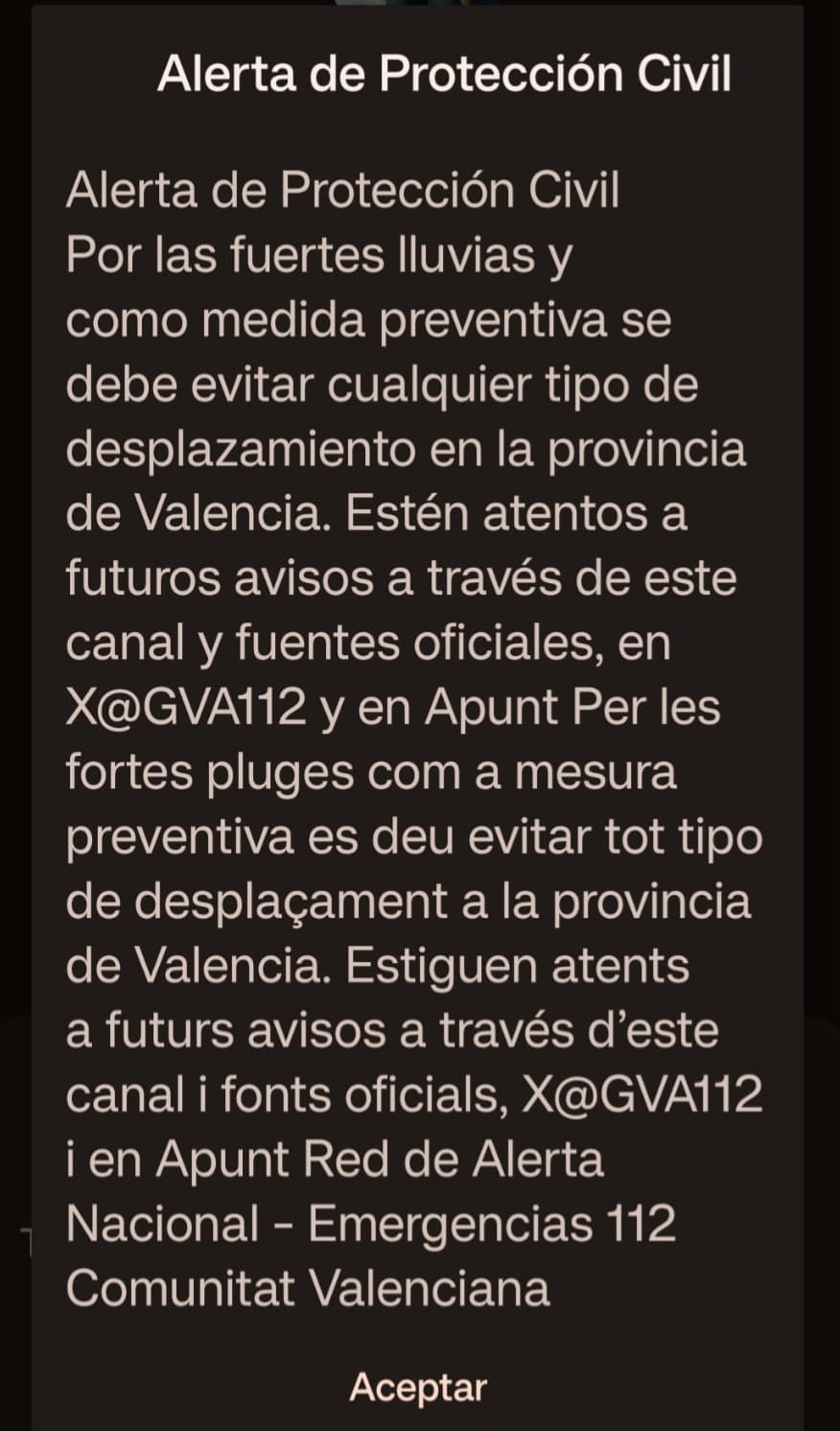 Alerta llegada a los móviles a las ocho de la tarde del lunes y a primeras horas del miércoles.