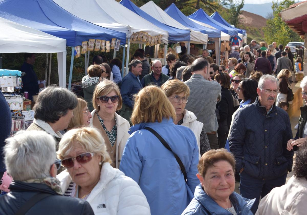 Parte de los puestos del mercado, llenos de visitantes, este domingo en la Fuente Vieja de Tudelilla.