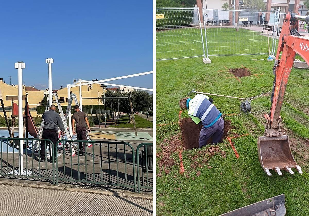 A la izquierda, la instalación de una vela de sombra en el parque de avenida de Madrid. A la derecha, trabajos en tierra para colocar una tirolina en Villa Patro.