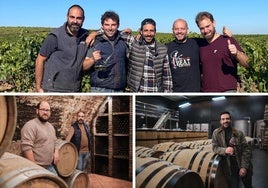 Arriba, José Miguel Benés, Diego Magaña, Eduardo Eguren, Elías López y Arturo Benés. A la izquierda, abajo, Adrián y José Miguel Benés, en el calado de su bodega. A la derecha, Eduardo Eguren, 'instigador' del proyecto CDVIN.