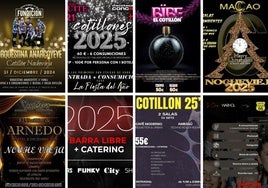 Carteles de algunos de los cotillones que se celebran en La Rioja este año.