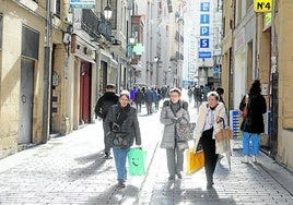 De tiendas en la mañana del sábado por la calle Capitán Gallarza, en dirección a Portales, dos de las vías más transitadas del Centro Histórico de Logroño.