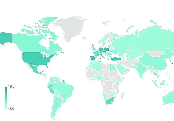 Distribución geográfica de las detecciones de malware en H2 2024, ESET
