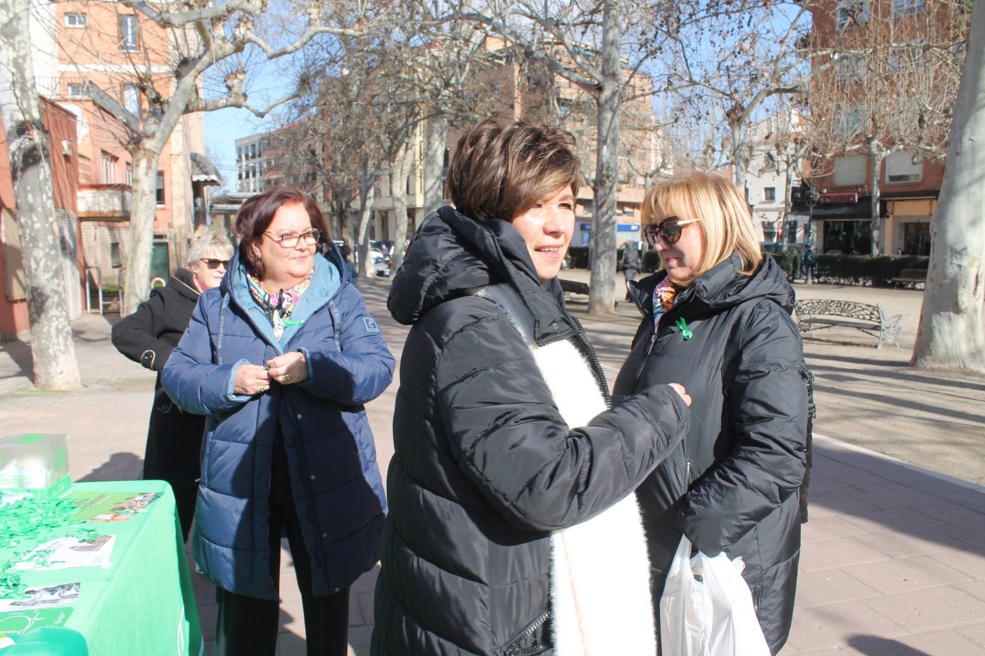 Las voluntarias de la asociación colocan lazos verdes.