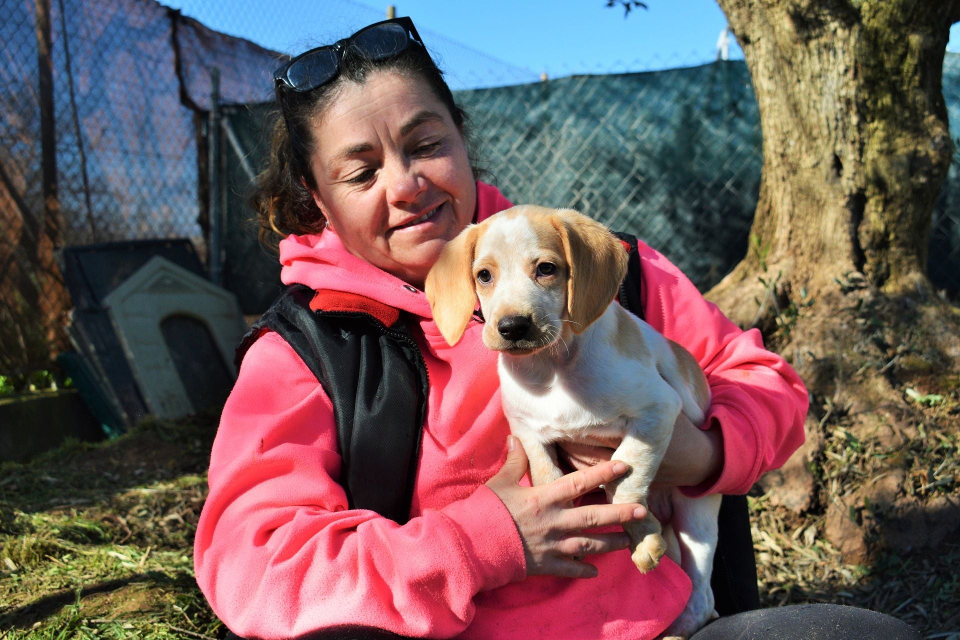 Beatriz Martínez posa con Völva, que está en adopción en Animales Rioja tras ser abandonada en un contenedor de basura en Logroño.
