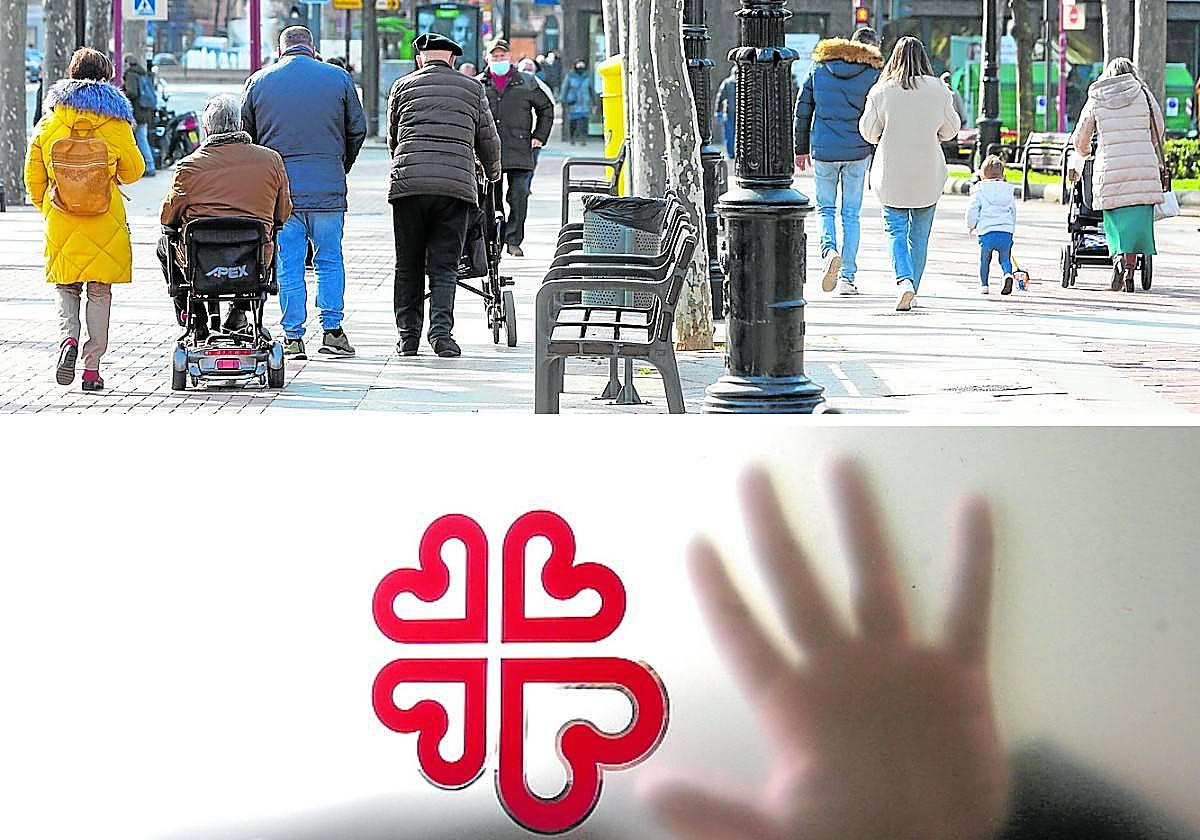 Personas mayores en silla de ruedas y con otros elementos de ayuda a la movilidad coinciden en el paseo del Espolón logroñés con familias con niños pequeños. Abajo, una usuaria de Cáritas La Rioja tras un cristal.