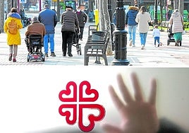 Personas mayores en silla de ruedas y con otros elementos de ayuda a la movilidad coinciden en el paseo del Espolón logroñés con familias con niños pequeños. Abajo, una usuaria de Cáritas La Rioja tras un cristal.