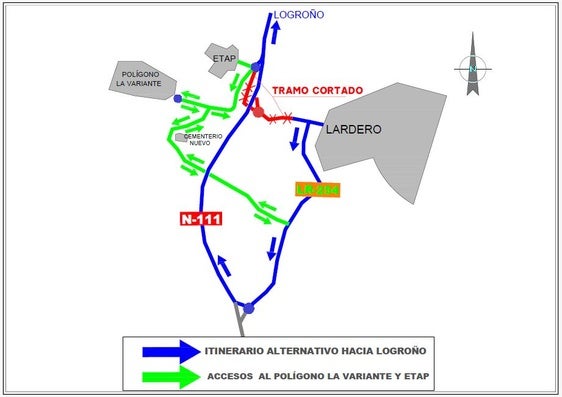 Mapa de los itinerarios alternativos de acceso y salida de Lardero.