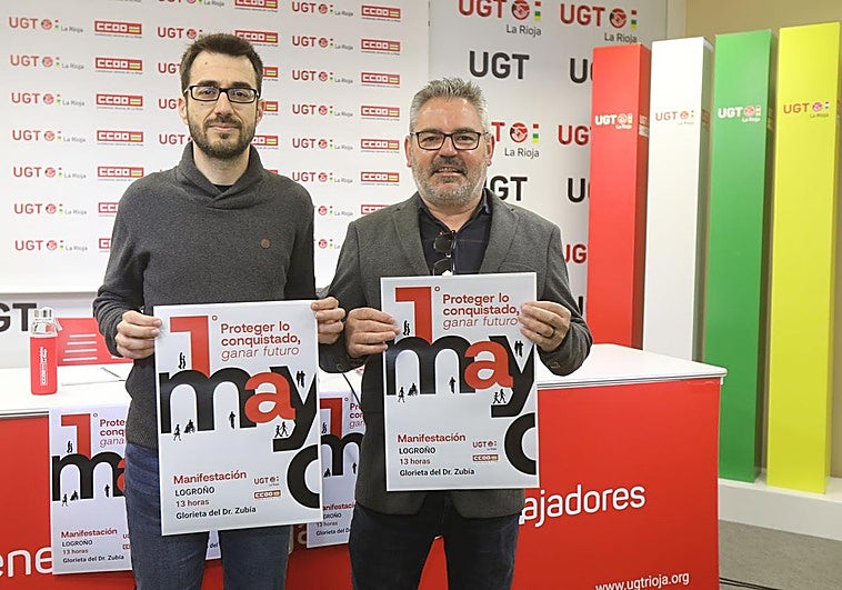 Rodrigo Alfaro (CC OO) y Jesús Izquierdo (UGT) en la presentación de la manifestación del jueves.