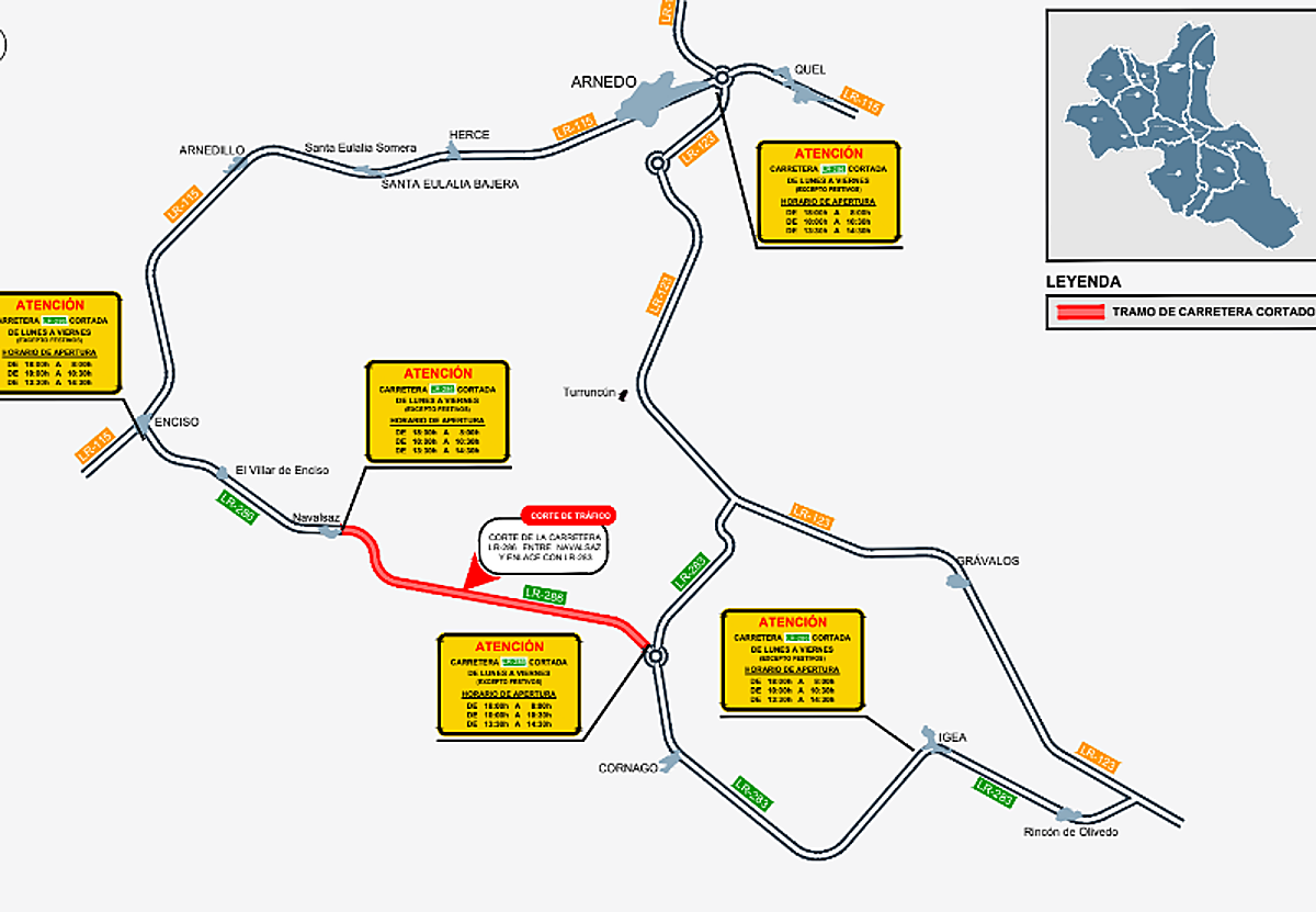 Corte de tráfico total por obras en la carretera LR-286, en Enciso, hasta el 30 de junio