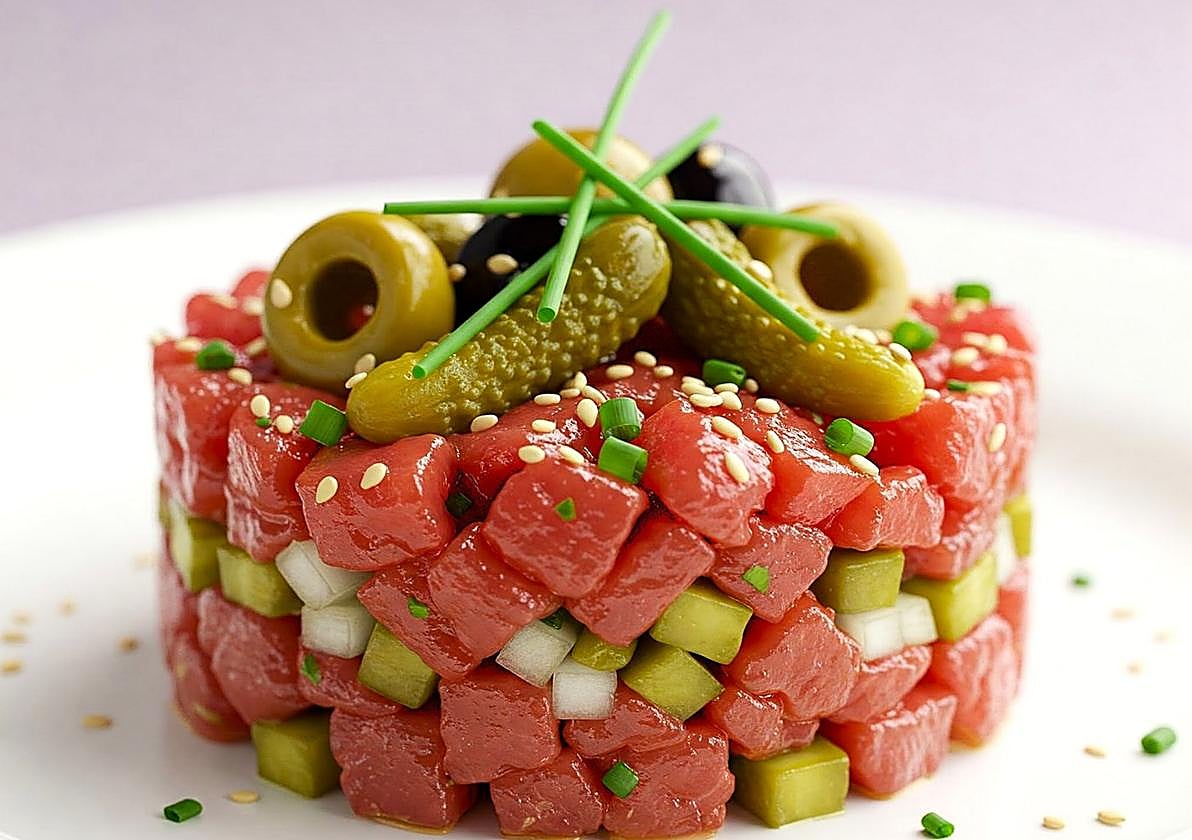 Un tartar de atún con encurtidos, presentado en forma de cilindro.