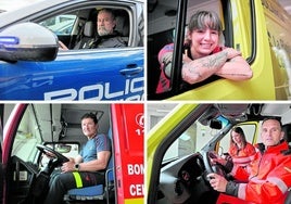 Arriba, José Carlos Rico, policía nacional, y Javier Herce , bombero. Abajo, Jésica Estefanía, Mónica Alcalde y Diego Saranova en sus ambulancias.