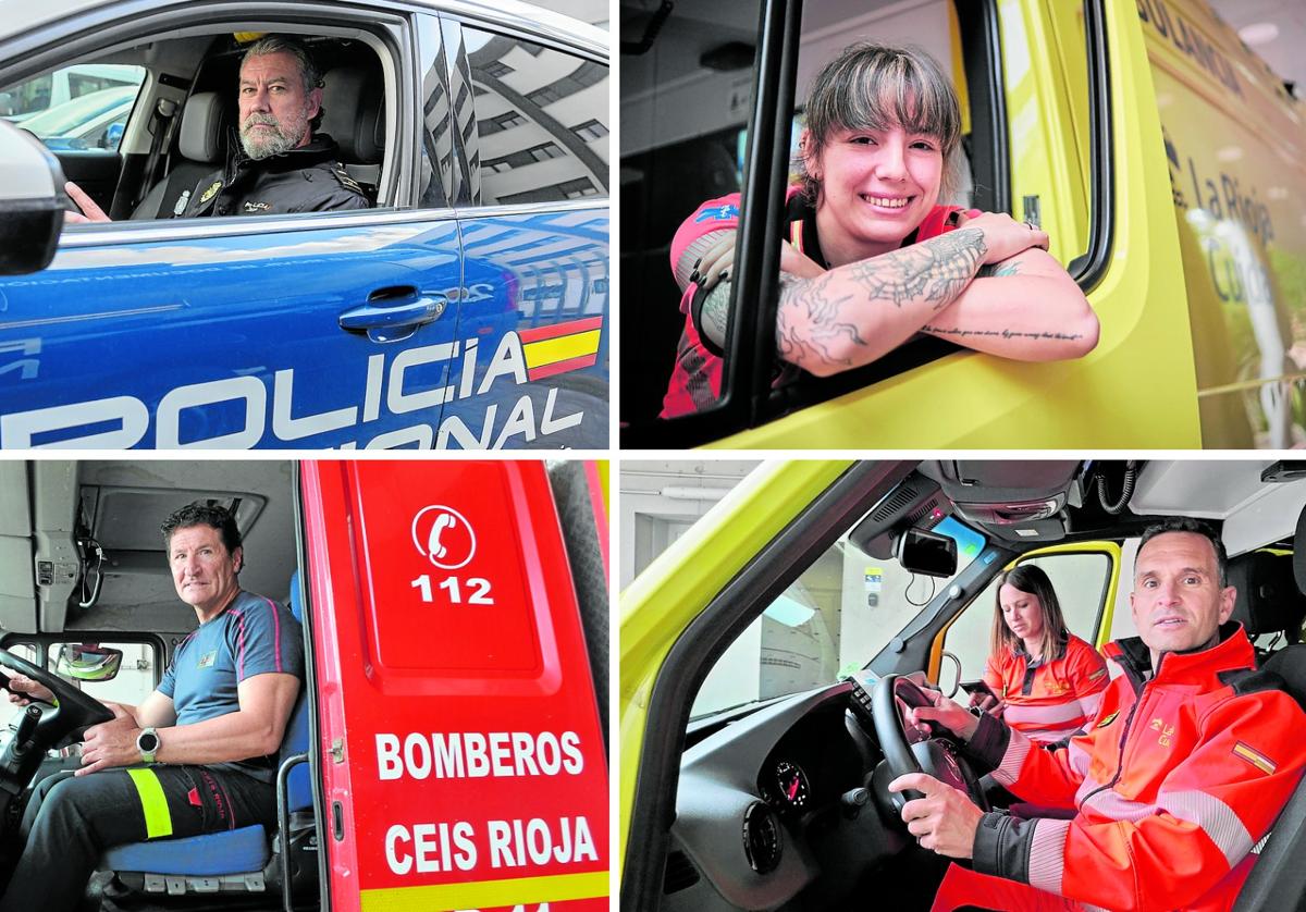 Arriba, José Carlos Rico, policía nacional, y Javier Herce , bombero. Abajo, Jésica Estefanía, Mónica Alcalde y Diego Saranova en sus ambulancias.