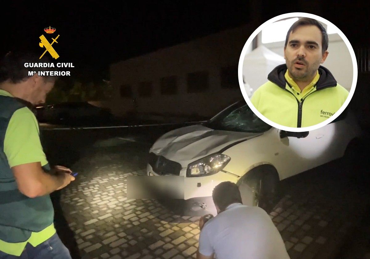 Estado del vehículo tras el suceso en el centro de salud de Haro e imagen de Manuel Montoya, el sanitario asesinato.