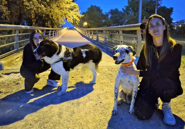 Silvina posa con Collares y Johana, con Coma en el parque del Iregua de Logroño.