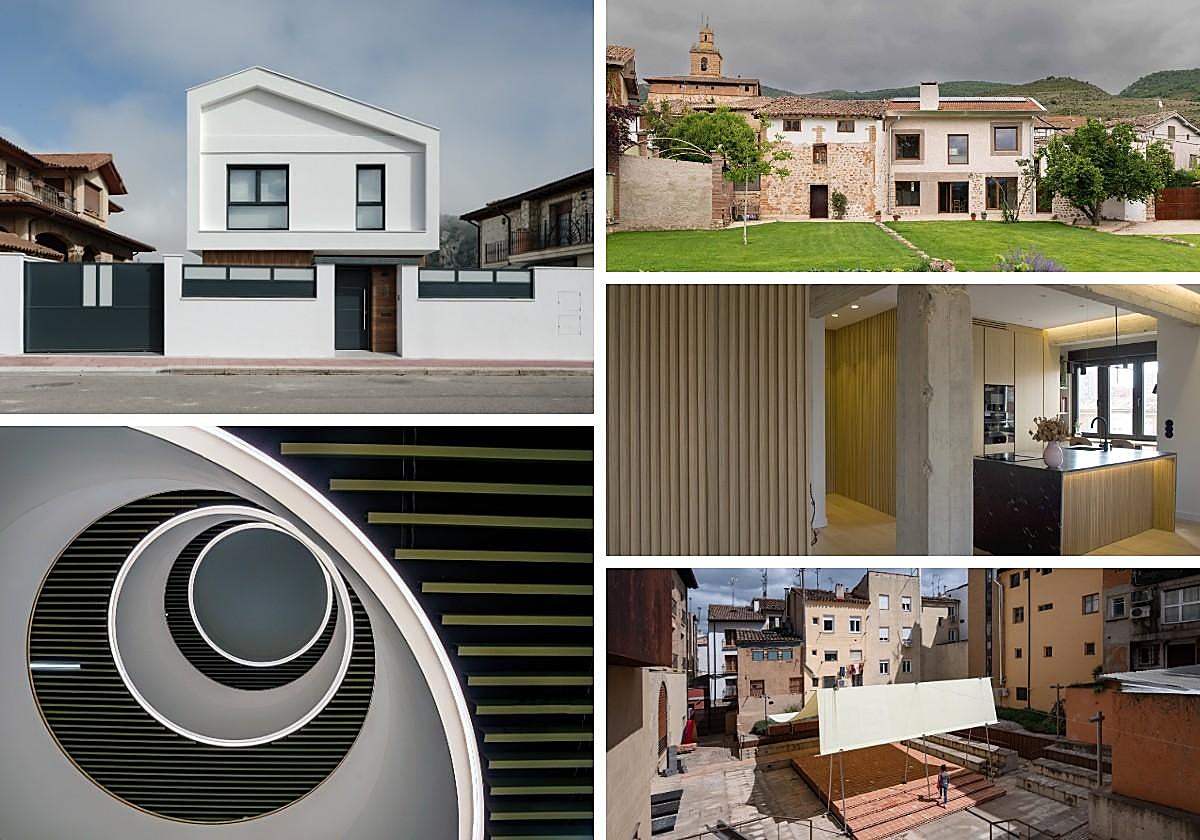 A la izquierda, arriba, Vivienda Mara, en Ezcaray; abajo, centro de salud La Villanueva, en Logroño; A la derecha, Casona, en Nestares; vivienda BA13, en Logroño; y Festival Concéntrico.