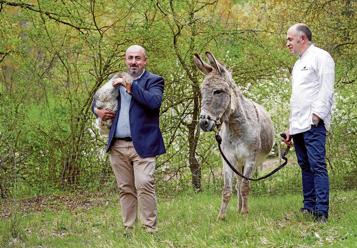 Carlos sujeta una oca e Ignacio un burro.