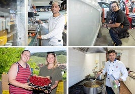 De izquierda a derecha y de arriba a abajo, Lucius Ahmad en el bar Las Sirenas, Abdallah Djedidi en el taller Iregua, Lara Marie Grundmann y Sara Fiedorczuk con cerezas en Nalda y Ali Abed Jawanbakht en la cocina de la residencia de mayores de Nalda.