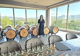 La sala de catas, enmarcada en el paisaje vinícola de Rioja Alta, donde se probarán diferentes experiencias sensoriales con aromas del vino.