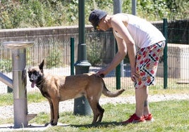 Un hombre refresca a su mascota en una fuente para perros de la zona de esparcimiento del parque del Ebro de Logroño.