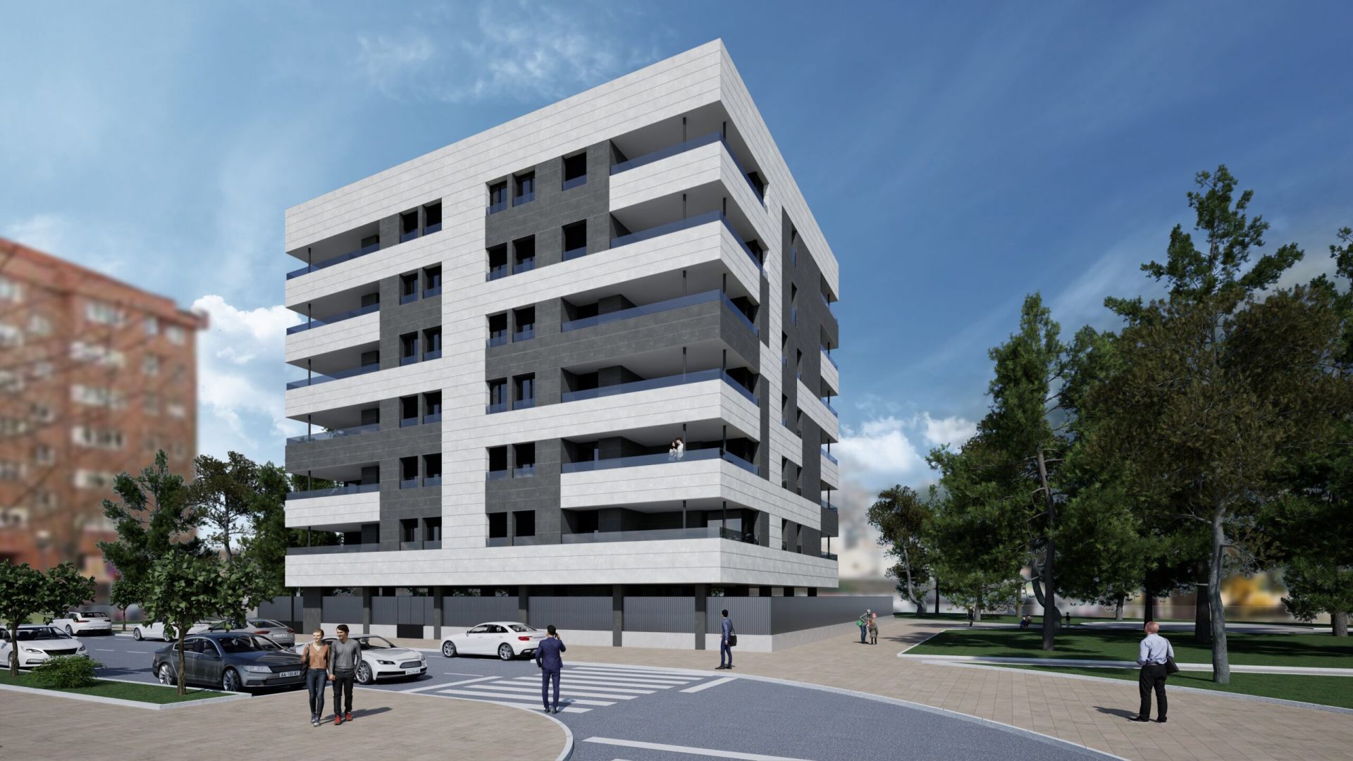 Imagen principal - Recreaciones del nuevo residencial visto desde Garcilaso de la Vega y desde Piqueras-Piquete con las zonas que completarán los parques.