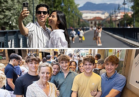 Arriba, Juan y An, dos turistas venidos desde Vietnam, en el Puente de Hierro. Abajo, un grupo del País Vasco en la Laurel