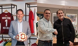 Jesús Alonso y Gustavo Sáenz (junto a Raúl Ruiz), los dos candidatos a la presidencia de la Federación Riojana de Fútbol.